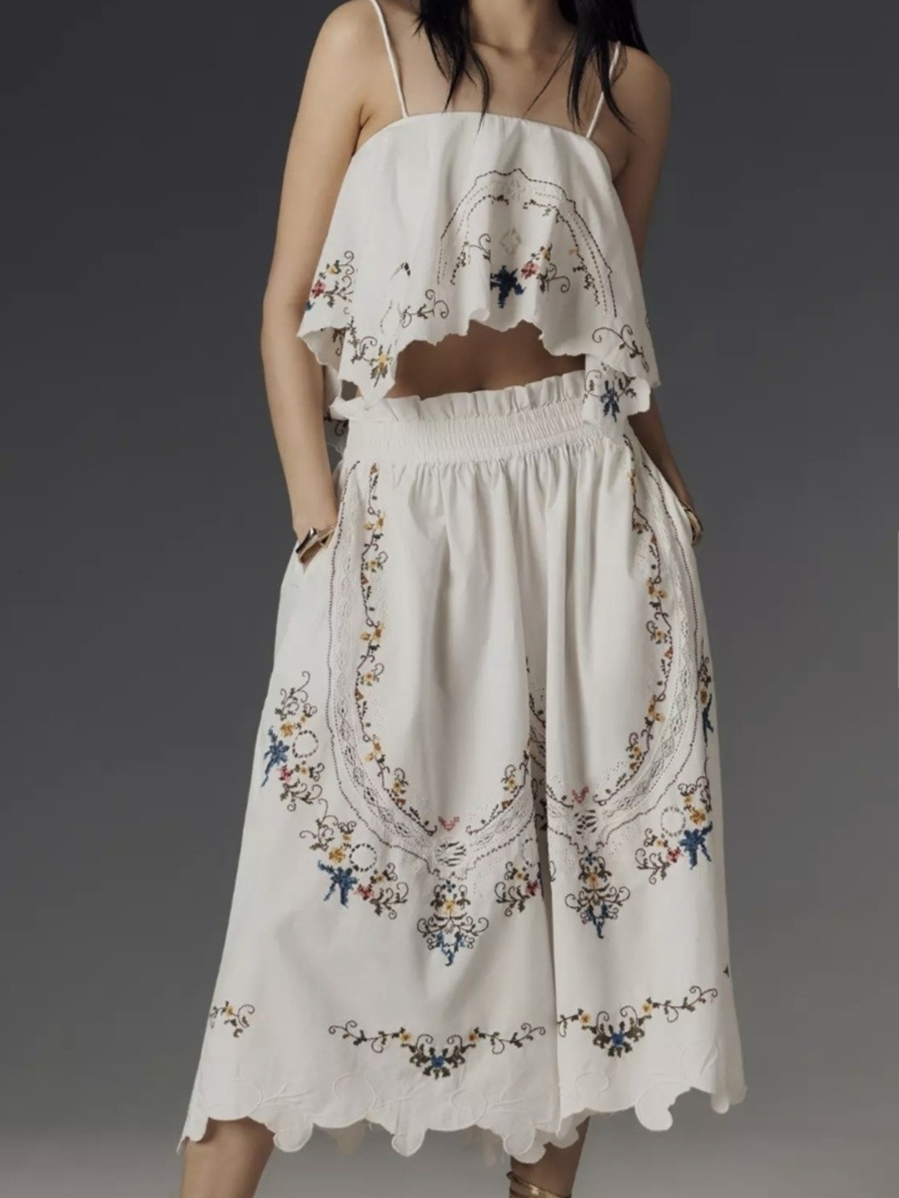 Anthropologie White Embroidered Midi Skirt
